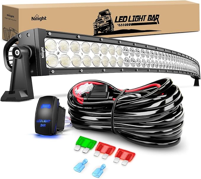 Nilight 52Inch 300W Curved Spot Flood Combo Led Light Bar Off Road Driving Boat Fog Lights 12V On/Off 5 Pin Rocker Switch Power 12AWG Wiring Harness Kit-1 Lead for Trucks by Nilight