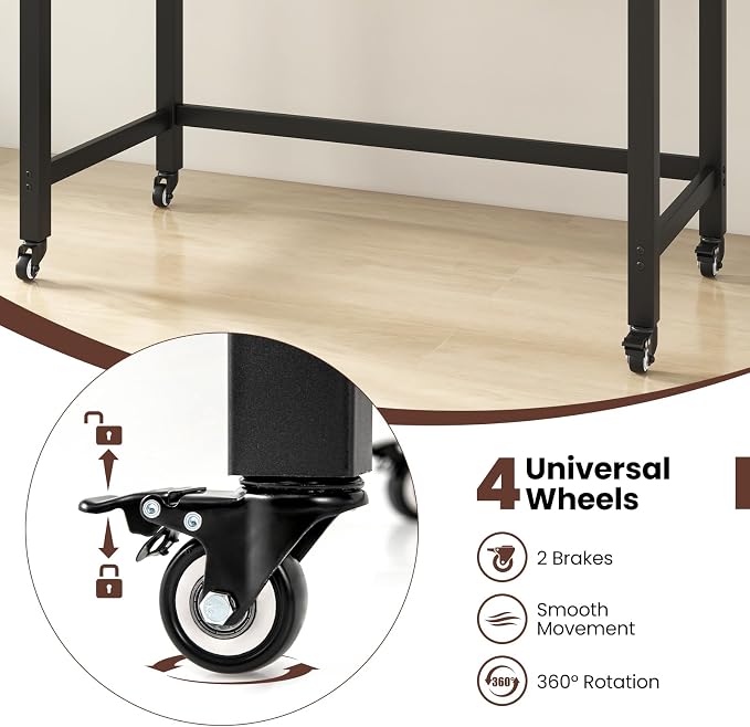 COSTWAY 48” Mobile Computer Desk, Home Office Desk on Wheels, with Reversible Storage Bag & 2 Earphone Hooks, 4 Lockable Wheels, Metal Frame, for Small Space (Black + Rustic Brown) - Image 5