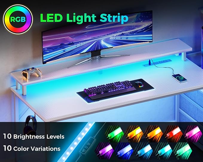 AODK 52 Inch Gaming Desk with USB Charging Ports & LED Light- Reversible Computer Desk with Storage Shelves & Monitor Stand, Modern Gamer Desk Table with Fabric Drawers, White - Image 5