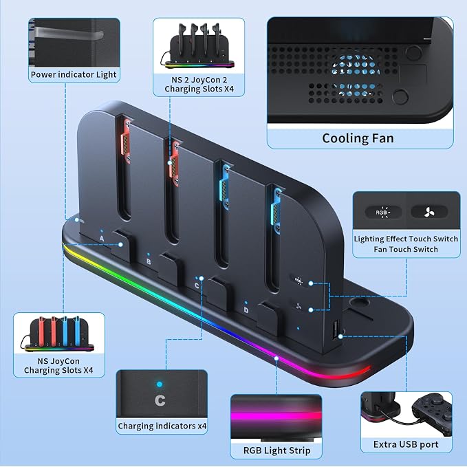 [Switch 2/1 Controller RGB Charger Dock] for Nintendo 2 2025 for Joycons - Image 4