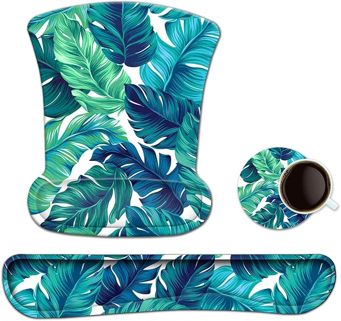 Keyboard Wrist Rest Pad Ergonomic Mouse Pad Set, ToLuLu Mouse Pad for Computer Laptop, Non Slip Mousepad Keyboard Wrist Support with Raised Memory Foam for Easy Typing Pain Relief, Tropical Leaf by ToLuLu