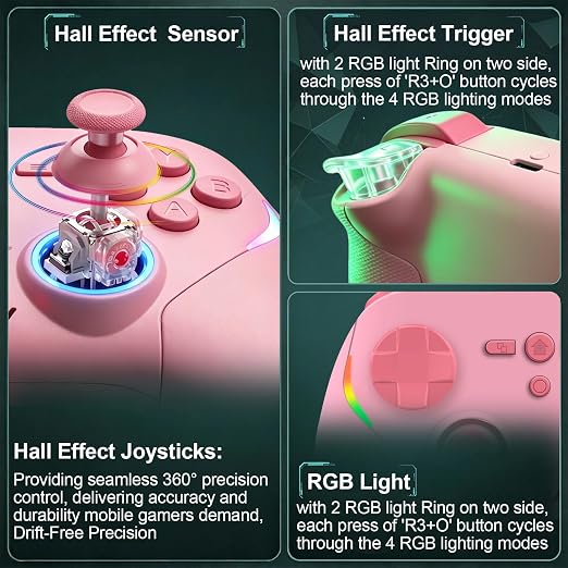 Megadream Phone Controller for PC/Switch 2|Swith/Android/iPad/Tablet/iPhone Controller - RGB light - Hall Effect Trigger/Joystick - Call of Duty, Roblox, Genshin Impact, Direct Play, Pink - Image 3