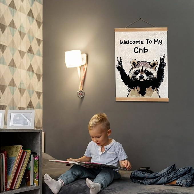 ZTGDA Welcome to My Crib Wall Art,Funny Raccoon Poster Durable Man Cave Wall Decor,Raccoon Canvas Hanging Sign for Entryway, Dorm Room, Nursery or Bedroom Decor (My crib raccoon) - Image 7