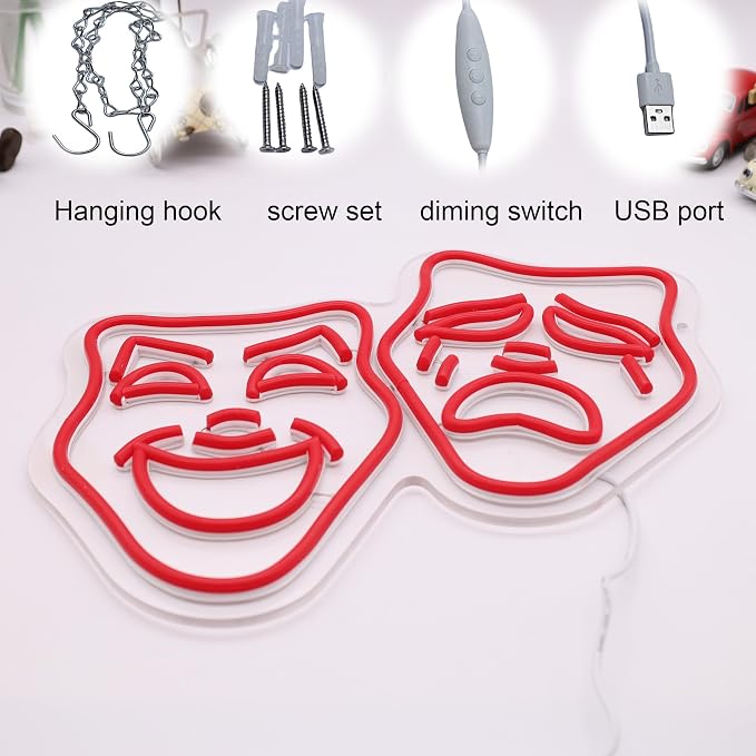 Theater Mask Neon Sign for Home Theater Room Decor Comedy Tragedy Theater Masks Wall Art for Movie Classroom Room Decor Theater Masks lamp - Image 5