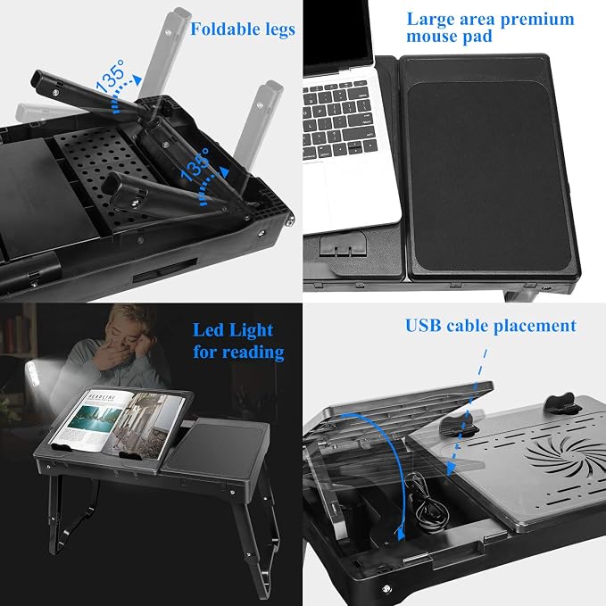 TeqHome Laptop Desk for Bed, Adjustable Table with Fan, Portable Lap Desk, Foldable Legs, Stand for Couch Sofa, Tray with LED Light, 4 USB Ports, Storage, Mouse Pad - Image 5