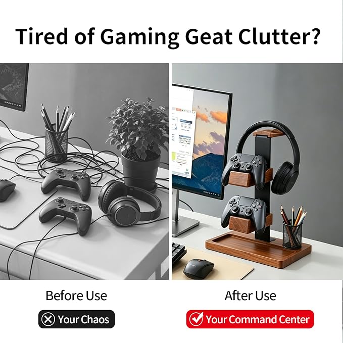 Headset Stand with Gaming Controller Holder, Wood Headphone Stand with Storage Base, Gaming Equipment Accessories for Desk - Image 8