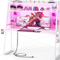 Besiost Gaming Desk with Hutch and LED Lights, Gaming Computer Desk with Power Outlets, Gamer Desk with Storage Shelves, PC Game Desk with Pegboards for Bedroom, Carbon Fiber White, 49" by Besiost