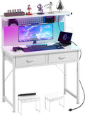 MUTUN Small Desk with Drawers, 31 Inch Computer Desk with Power Outlet & LED Light, Gaming Desk with Adjustable Monitor Stand & Pegboard, Modern PC Study Writing Table for Bedroom, White by MUTUN