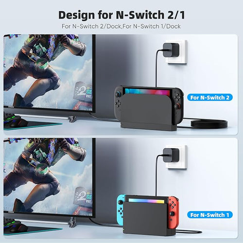 (2 Pack) Switch 2 Charger with 5FT/10FT USB-C Cables, 60W PD3.0 Fast Charger for Nintendo Switch 2/1/OLED/Lite/Steam Deck, 4K TV Dock Ready AC Adapter, Works with USB-C Devices – Compact & Durable - Image 2