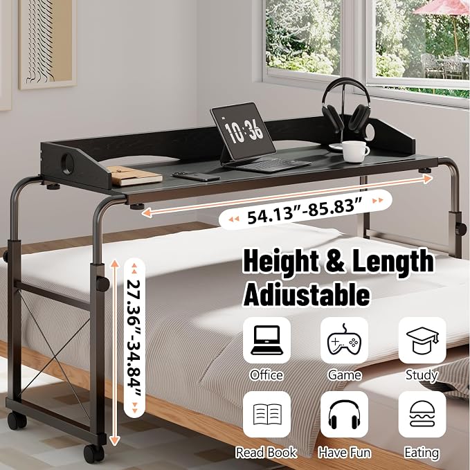 Overbed Table with Wheels, Adjustable Queen & King Bed Desk, Black - Image 3