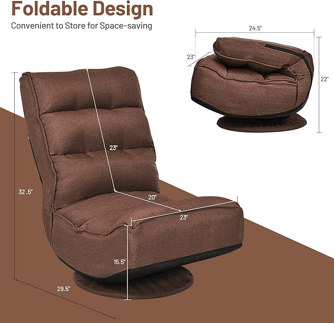 GIANTEX 360 Degree Swivel Gaming Chair, 6 Position Adjustable (Coffee) | Folding Floor Chair, 300lb Spring Support, Comfortable Padded Backrest, Lazy Sofa Chair Game Rocker for Teens Adults - Image 3