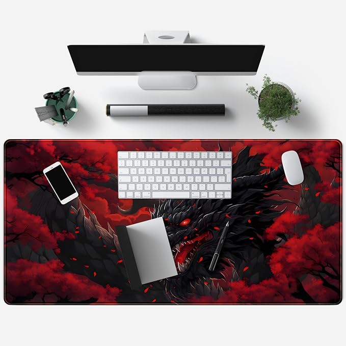 Huge Dragon Large Mouse Pad - Red and Black Mousepad, Big Full Keyboard and Mouse Pad with Stitched Edges, Anti-Slip, Funny Desk Pad, 31.5 X 15.8 in. - Image 4