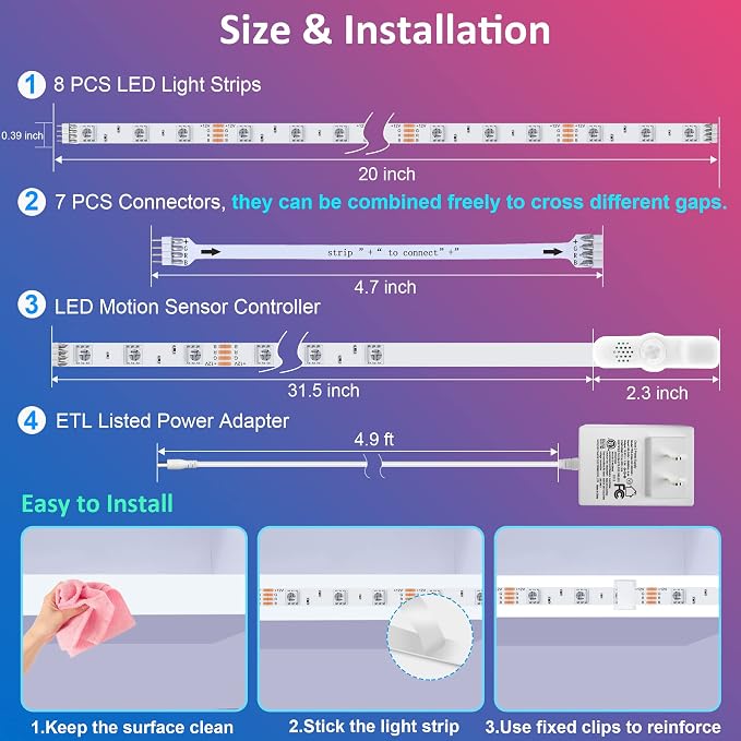 maylit 8 PCS Motion Sensor RGB Under Cabinet Lights Kit - Image 6