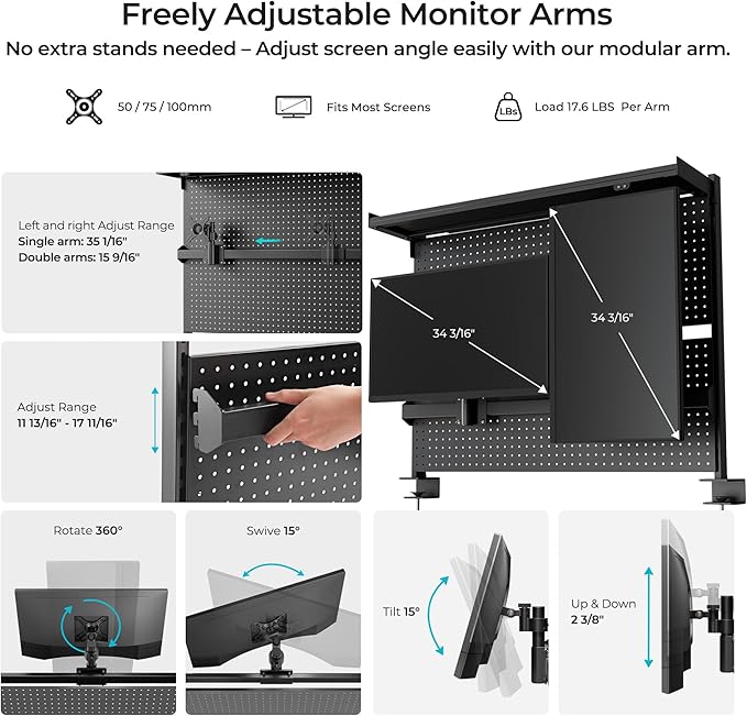 EUREKA ERGONOMIC Desk Pegboard Dual Monitor Stand 43x34 Black | Steel pegboard with dual monitor stands, privacy panel and 4 modular accessories for organized gaming and office setups - Image 5