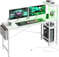Bestier Gaming Desk with Power Outlets, 61 Inch Large Led Gamer Desk with 4 Tiers Reversible Shelves, PC Gaming Table with Headset Hook & Side Storage Bag for Bedroom (White 3D Carbon Fiber) by Bestier
