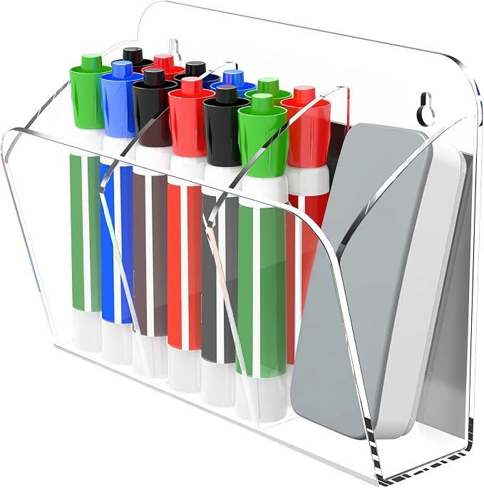 Dry Erase Marker Holder with 3 Compartments, Wall Mounted Marker Organizer, Magnetic Marker Holder Organizer for Whiteboard, Fridge, Locker, Pen Holder for Wall, Acrylic Pencil Holder, Clear by Lumanman