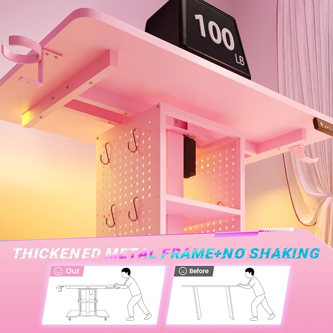 SEDETA Small Standing Gaming Desk, 31.5" Rolling Computer PC Desk Electric Height Adjustable with Power Outlet, Pegboard & Storage Shelves, LED Light, for Small Spaces/Bedroom/Gaming/Girl Room, Pink - Image 7
