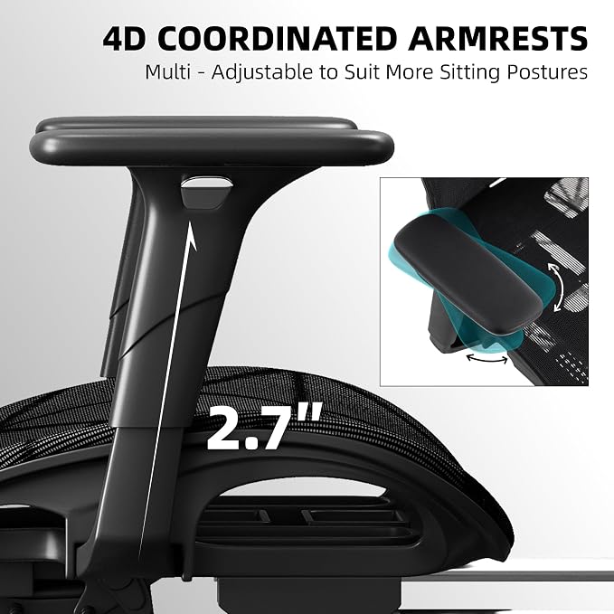 Mesh Office Chair,Ergonomic Computer Chair,Adjustable Lumbar High Back Desk Chair 400lbs,4D Adjustable Armrests & Removable Headrest,Breathable Mesh Chair for Adults,Home Gaming & Workplace(Black) - Image 5