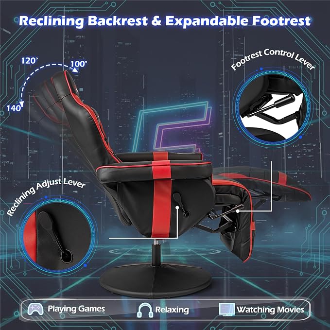 POWERSTONE Gaming Recliner, Adjustable Massage Gaming Chair with Cup Holder Footrest Ergonomic Single Sofa Living Room Home Theater Seating with Side Pouch (Red) - Image 5