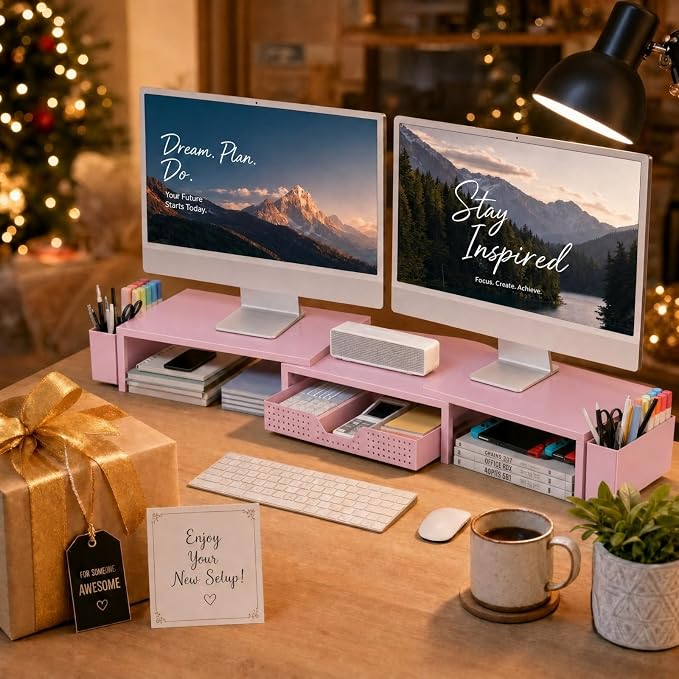 OPNICE Desk Organizers and Accessories, Dual Monitor Stand Riser with Drawer and 2 Pen Holders, Desk Shelf Computer Racks for Office Workspace Organizers, Desktop Organization (Pink) - Image 9
