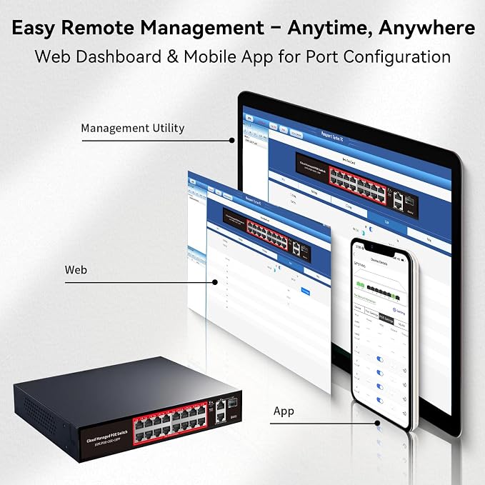 PoE Switch, 16 Port Managed POE+ Ethernet Switch(16 POE+ Ports+2 Gigabit Uplink,1 x 1.25G SFP), 240W Built-in Power, Support VLAN, QoS, Fanless Metal, Plug & Play(Wall Mount/Rack Mount) - Image 3