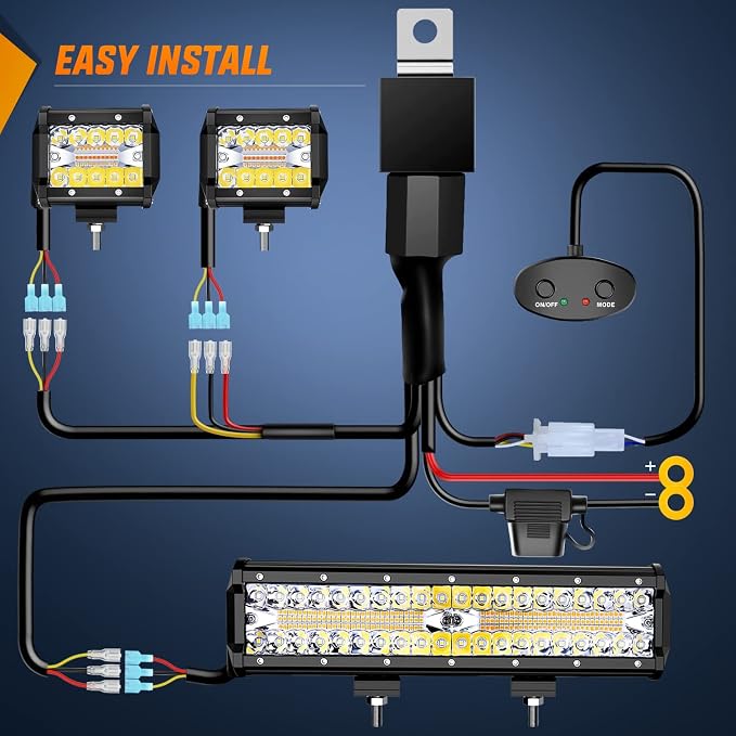 Nilight 12Inch 300W LED Light Bar 2PCS 4Inch 60W Light Pods Amber White Strobe 6 Modes Memory Function Reset Function Off Road Truck with 16AWG Wiring Harness Kit-3 Leads, 2 Years Warranty - Image 6