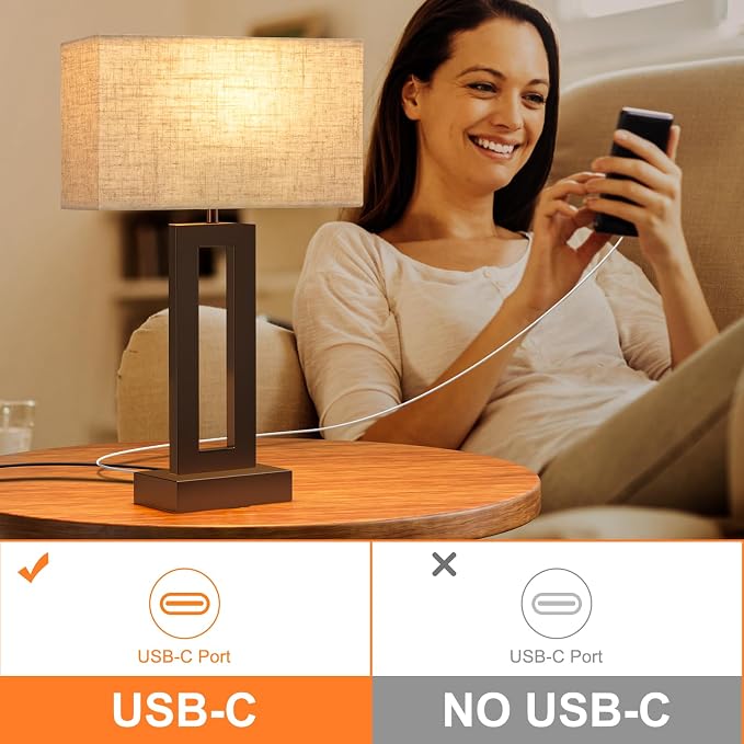 Seealle Bedroom Lamps for Night Stands - Touch Control, 3 Way Dimmable, USB C+A Charging, LED Bulbs, Easy Assembly(Yellow&Coffee) - Image 8