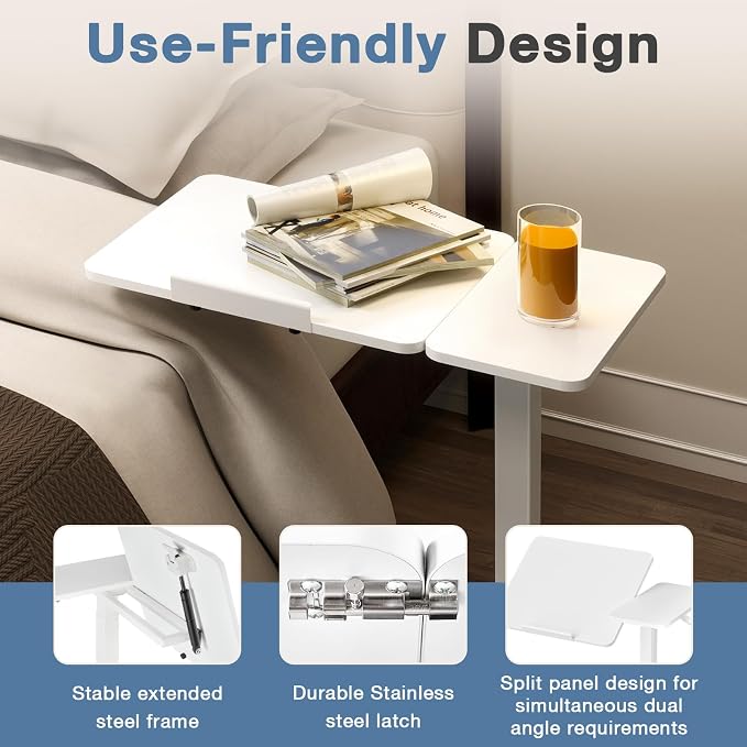DUMOS Adjustable Bedside Overbed Table with Wheels, White - Image 7
