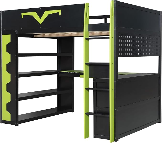 Merax Full Size Gaming Loft Bed with Desk and RGB LED Lights, Pro-Gamer Bed with Power Outlet, Large Bookshelf, Pegboard, Keyboard Tray & Drawer, Green - Image 7