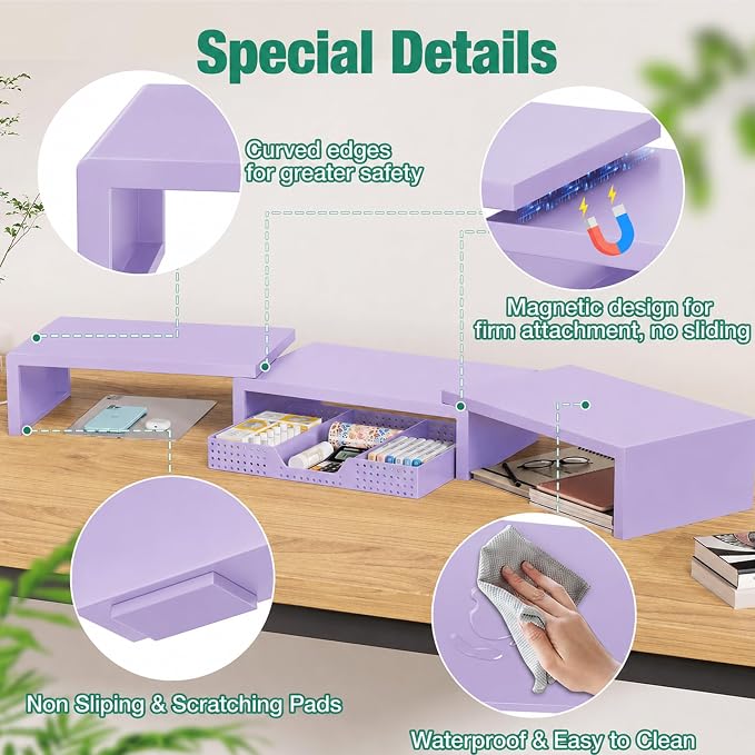 OPNICE Dual Computer Monitor Stand Riser, Desk Organizer with Drawer, Office Desk Accessories & Workspace Organizers for Home Office Supplies, Purple - Image 6
