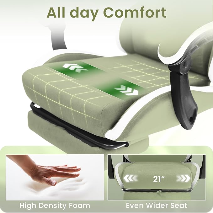 N-GEN GAMING Gaming Chair, Reclining Backrest, Footrest, Fabric, Green | Ergonomic Design with Reclining Backrest, Linkage Armrests and High-Density Foam, Comfy Seating for Computer or Home Office - Image 4