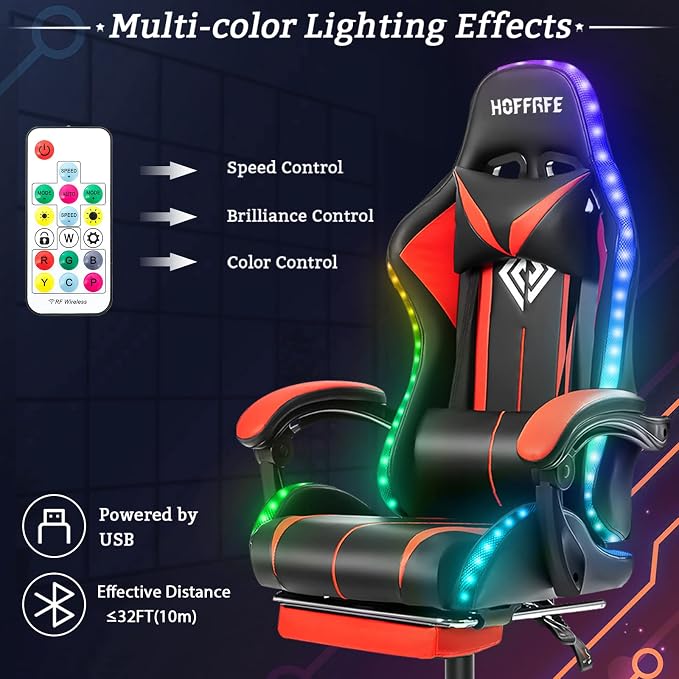 RGB Gaming Chair with LED Lights Massage Ergonomic Computer Chairs-Red | High Back Video Game Chair with Footrest & Adjustable Lumbar Support Gamer Chairs for Adults Racing Style Recline - Image 4
