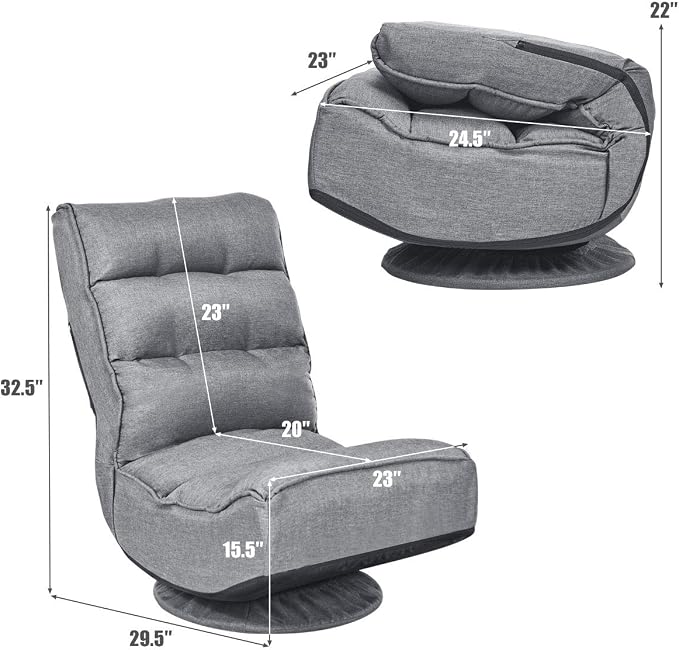 Giantex 360 Degree Swivel Floor Chair, Folding Floor Gaming Chair with 6 Positions Adjustable, Lazy Sofa Lounge Chair w/Tufted Back Support, Video Gaming Chair for Reading TV Watching (Gray) - Image 3