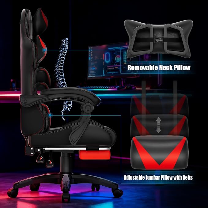 Czlolo Gaming Chair, Racing Style RGB LED Lights Gaming Chairs for Adults and Kids, Lumbar Massager Gamer Chair, High Back Reclining Computer Chair with Footrest and Headrest (Black/Red) - Image 7