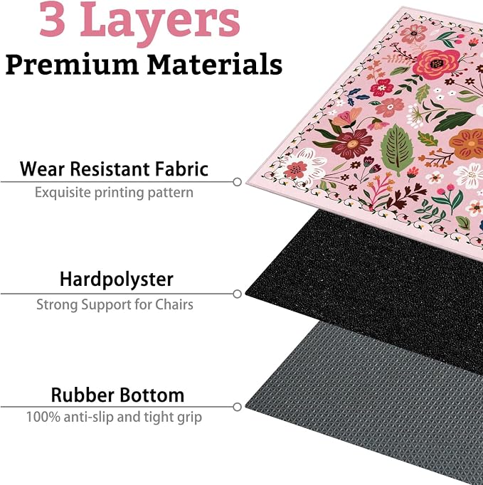 Office Chair Mat for Hardwood & Tile Floor,Boho Floral 60"x48" Office Computer Chair Mat for Rolling Chairs,Under Desk Non Slip Gaming Rug,Rubber Backing Large Low-Pile Carpet Protector Mat(Pink) - Image 3