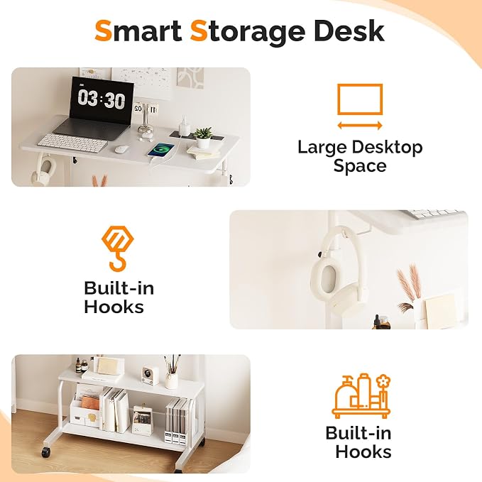 FCH 31.5" Mobile Small Standing Desk, Adjustable Height Mobile Computer Desk, w/2 AC Outlets + 3 USB Ports & Hooks, Storage Shelves, Suitable for Gaming, Studying, Home Office, White - Image 6