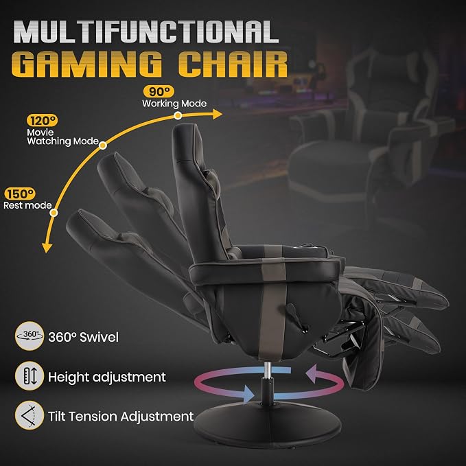 Massage Gaming Recliner Chair with Cup Holder & Side Pockets – Ergonomic PU Leather Video Gaming Chair with Footrest, Manual Recline, Headrest & Lumbar Support for Office or Game Room (Grey) - Image 3