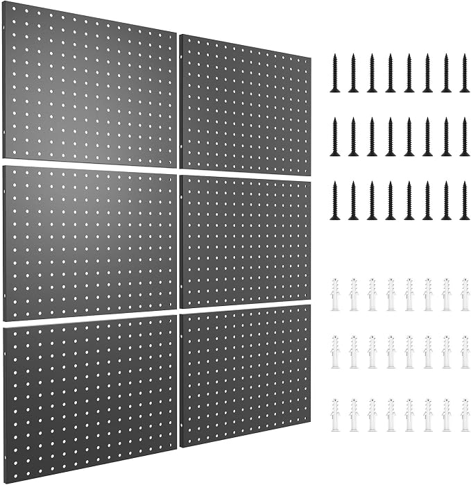 6 Pcs Metal Pegboard Wall Organizer, 16" x 12" Heavy Duty Peg Board for Garage Tool Storage, Black Peg Board Panels for Garage, Craft Room, Workbench Storage - Image 7