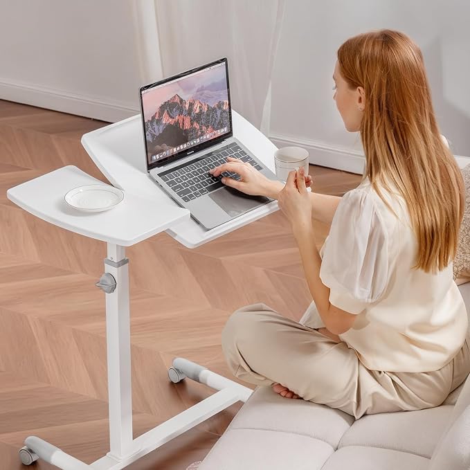 GTPLAYER Small Standing Desk, 28 Inches Tiltable Mobile Rolling Laptop PC Table with Lockable Casters, Adjustable Height Overbed Bedside Table Computer Workstation for Home Office, White-Tiltable - Image 7