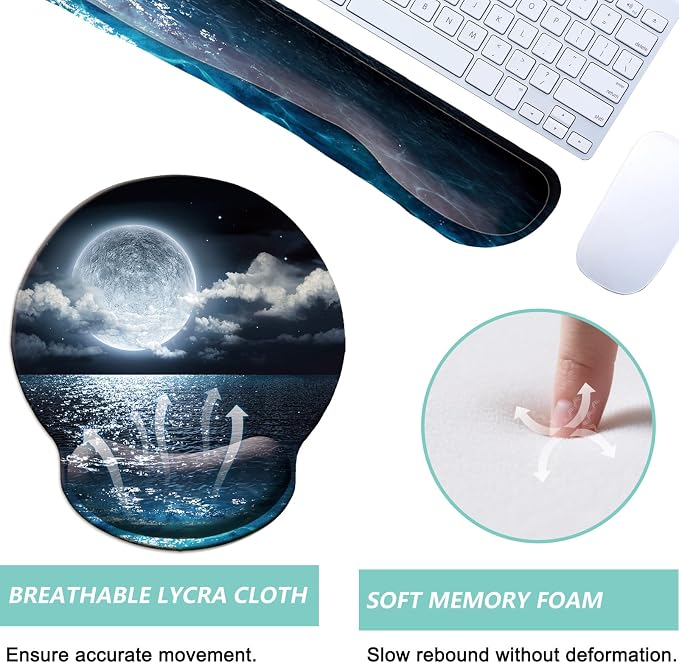 Keyboard Wrist Rest Pad Mouse Pad with Wrist Support Set of 3, Mousepad with Non-Slip Rubber Base, Ergonomic Memory Foam Mouse Wrist Cushion Support for Home Office Laptop Computer, Moonlit Night - Image 2