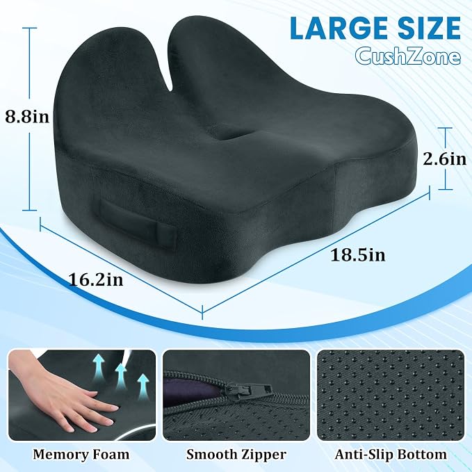 CushZone Ergonomic Seat Cushion, Sciatica Support for Chair, Blue Grey | Large Size for Sciatica & Hip & Tailbone Pain Relief, Memory Foam Office Chair Cushion for Car, Long Trip, Desk Chair, Lab - Image 2