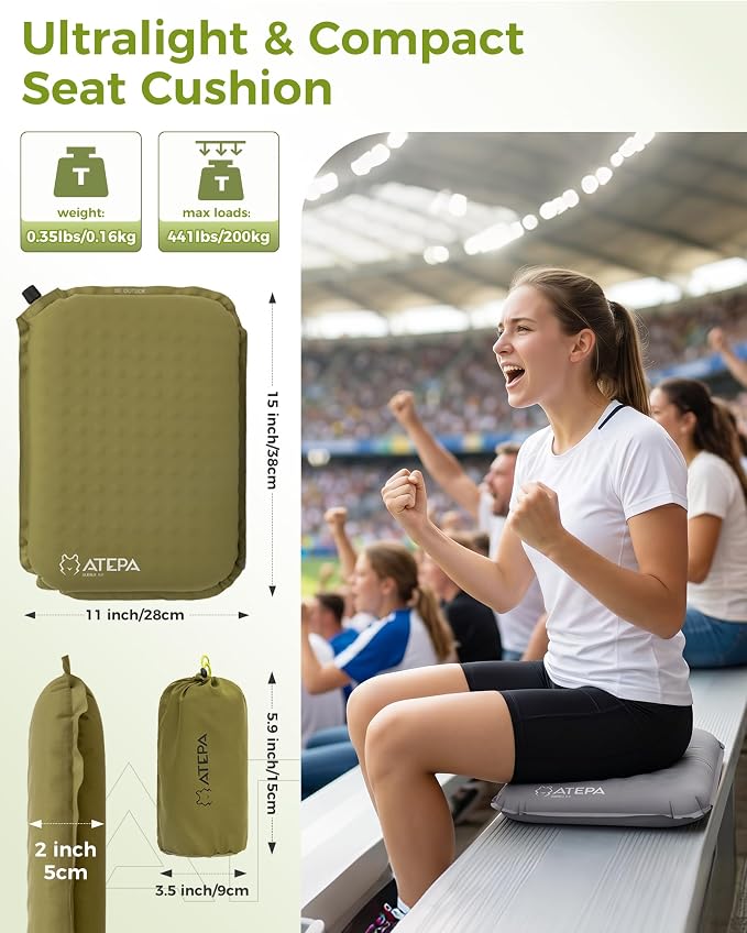 ATEPA Inflatable Seat Cushion | 2" & 2.5" Foam Core Seat Pad, Compact, Stadium, Airplane, Travel, Camping, Hiking, Sports Events, Self Inflating - Image 2