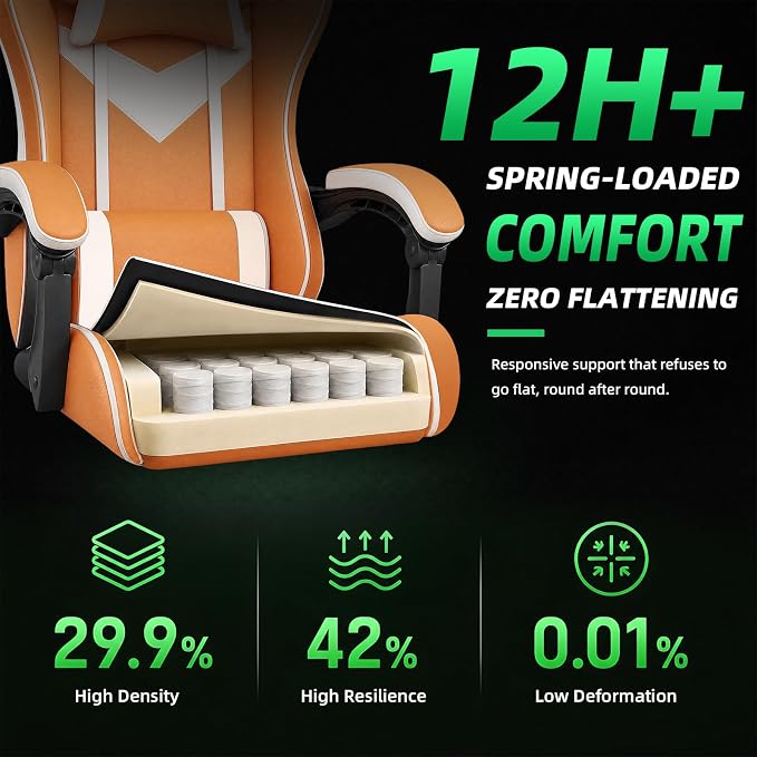 Gaming Chair Ergonomic Gamer Computer Office Chair,Footrest Lumbar Support | Reclining High Back, 400lbs Load, Pocket Spring Cushion, Adjustable Height, Linkage Armrests, 360° Swivel, Orange PU Leather - Image 4