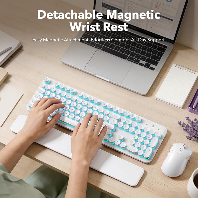 Wireless Keyboard and Mouse Combo, Backlit Round Keycaps, Retro Typewriter Keyboard with Detachable Wrist Rest, Rechargeable & Tilt Legs, 2.4GHz Cordless Connection for Windows/PC (Glowing White) - Image 3