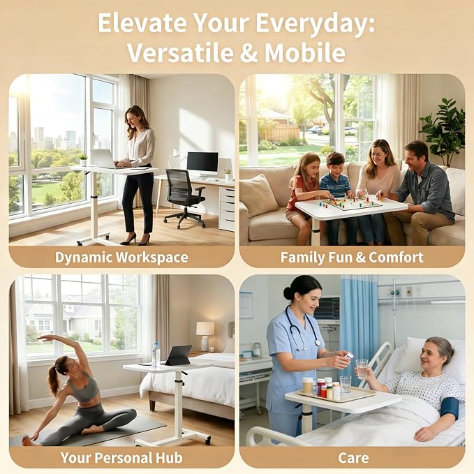 Adjustable Overbed Table with Wheels, Pneumatic Height Lift Rolling Bedside Table, Standing Desk for Home & Office Use, Ideal for Seniors & Limited Mobility(White) - Image 7