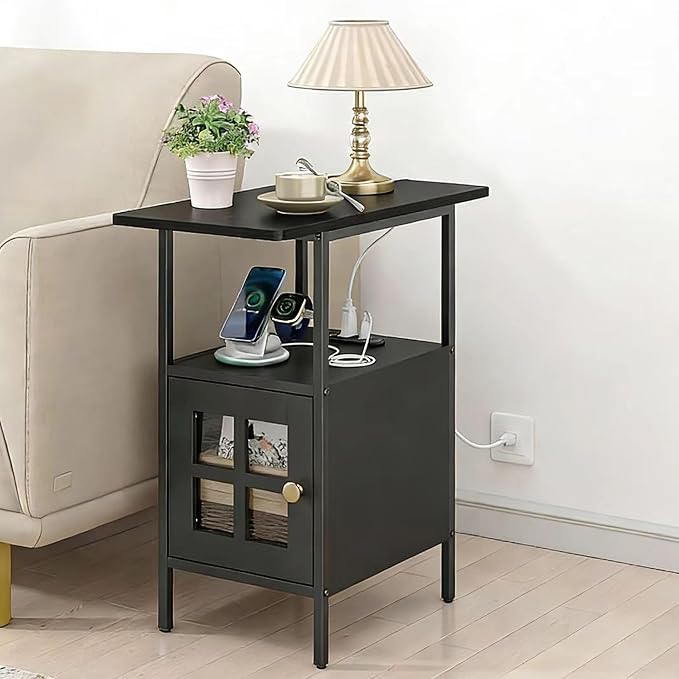 Narrow Side Table with Charging Station 3-Tier End Table with USB & Outlets by FUNHUKSON
