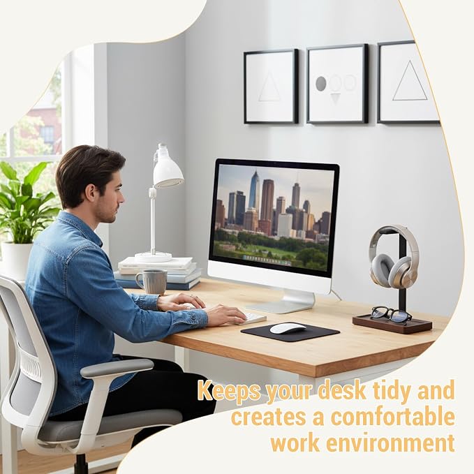 Wood Headphone Stand, Walnut Headset Stand for Desk, Universal Headphone Holder with Storage Base for Gaming, Music Headsets(Dark Brown) - Image 6