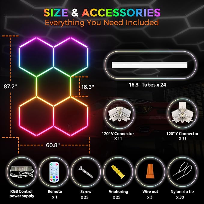 RGB Hexagon Garage Lights 5 Hex, Duplex Signal RGB Led Hexagon Lights with Music Sync Mode, Easy Setup RGB Ceiling Lights for Garage, Gym, Gaming Room, Studio, Party, Bar - Image 8
