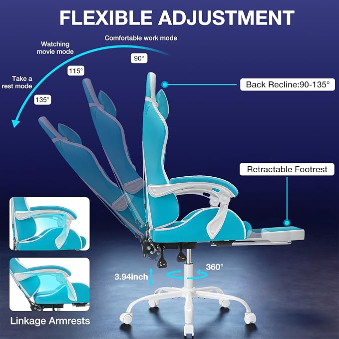 RGB Gaming Chair with LED Lights Massage Ergonomic Computer Chair-Sky Blue | High Back Video Game Chair with Footrest & Adjustable Lumbar Support Gamer Chairs for Adults Racing Style Recline - Image 8