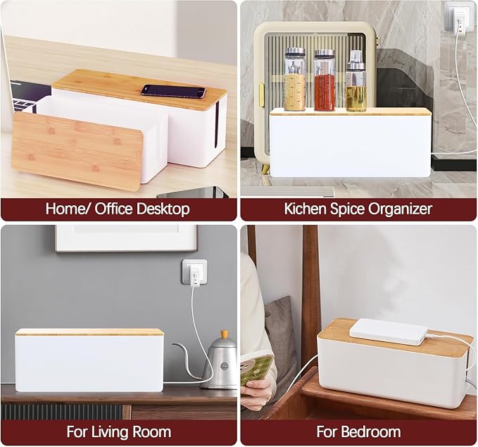 2-Pack Cord Organizer Box with Lids, White Cable Management Box Set, No-Drill Charger & Computer Wire Organizers for Desk, TV, Router, Computer, and Outlets in The Office, Study, Kitchen Areas - Image 5